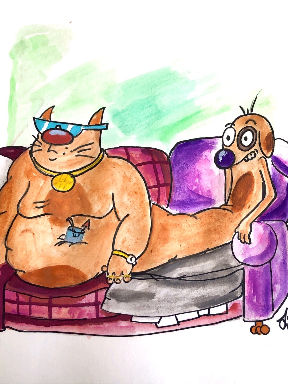 Cat Dog watercolor illustration